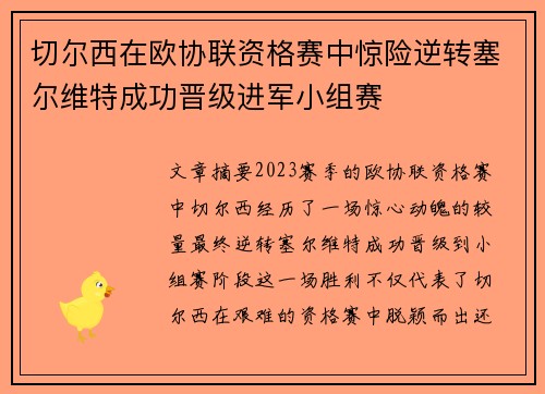 切尔西在欧协联资格赛中惊险逆转塞尔维特成功晋级进军小组赛