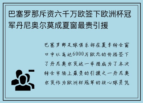 巴塞罗那斥资六千万欧签下欧洲杯冠军丹尼奥尔莫成夏窗最贵引援